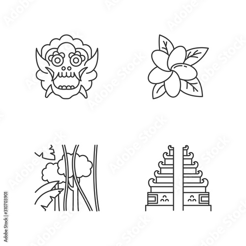 Indonesia Indonesia linear icons set. Tropical country nature. Indonesia islands. Exploring traditions. Thin line contour symbols. Isolated vector outline illustrations. Editable stroke. Perfect pixel