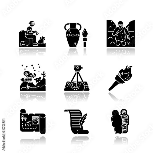 Archeology drop shadow black glyph icons set. Excavation. Archeologist. Ancient artifacts. Caveman on ruins. Filed survey. Flambeau. Treasure map, manuscript. Mummy. Isolated vector illustrations