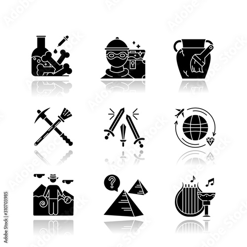 Archeology drop shadow black glyph icons set. Lab research. Marauding. Artifact restoration. Sword fight. Treasure hunt. Researcher. Pyramid mystery. Ancient culture. Isolated vector illustrations