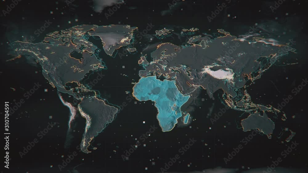 Glowing Africa on textured Earth map with highlighted contours and visual hud elements. Technological futuristic space view of the World map.