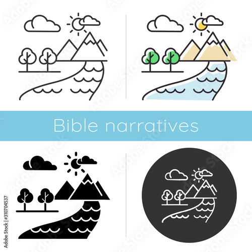 The Beginning Bible story icon. World creation. Earth, paradise, heaven. Religious legend. Christian religion. Biblical narrative. Glyph, chalk, linear and color styles. Isolated vector illustrations