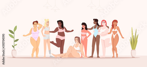 Body positive flat vector illustration. Struggle for equality and feminism. Indoor interior. Smiling ladies of different nationalities. Pot flowers. Women dressed in swimsuits cartoon characters