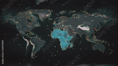 Glowing Africa on textured Earth map with highlighted contours and visual hud elements. Technological futuristic space view of the World map.