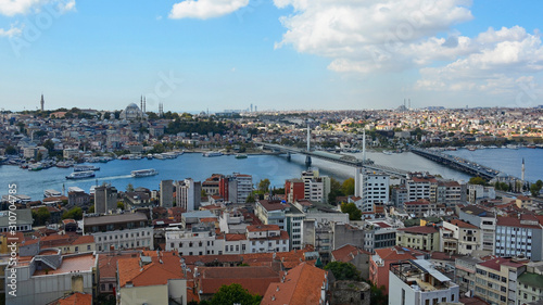 A view of Istanbul from Galata Tower in Beyoglu looking towards Fatih, with Metro and Ataturk Bridges on the right, and Suleymaniye mosque in the background left