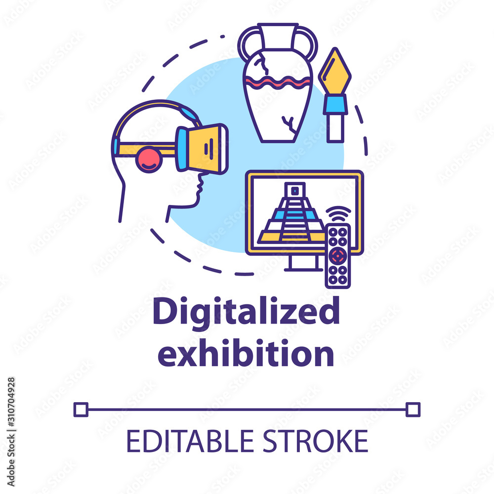 Digitalized exhibition concept icon. Interactive fair venue in cyberspace. Video museum tour. Virtual reality exposition idea thin line illustration. Vector isolated outline drawing. Editable stroke Digitalized exhibition concept icon. Interactive fair venue in cyberspace. Video museum tour. Virtual reality exposition idea thin line illustration. Vector isolated outline drawing. Editable stroke