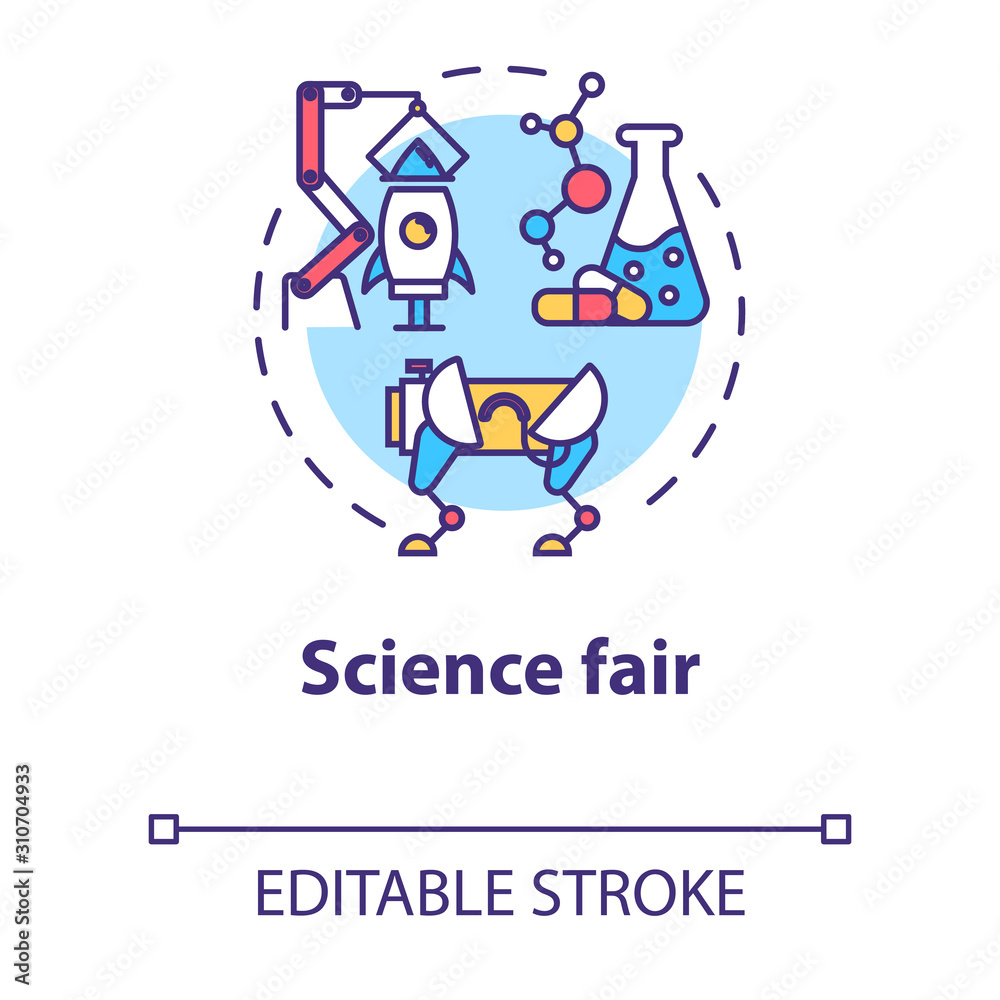 Science fair concept icon. Technology development. Chemistry project. Robotics. University competition idea thin line illustration. Vector isolated outline drawing. Editable stroke Science fair concept icon. Technology development. Chemistry project. Robotics. University competition idea thin line illustration. Vector isolated outline drawing. Editable stroke