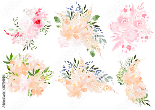 Beautiful Watercolor wedding set with bouquets of roses flowers and peony, leaves. 