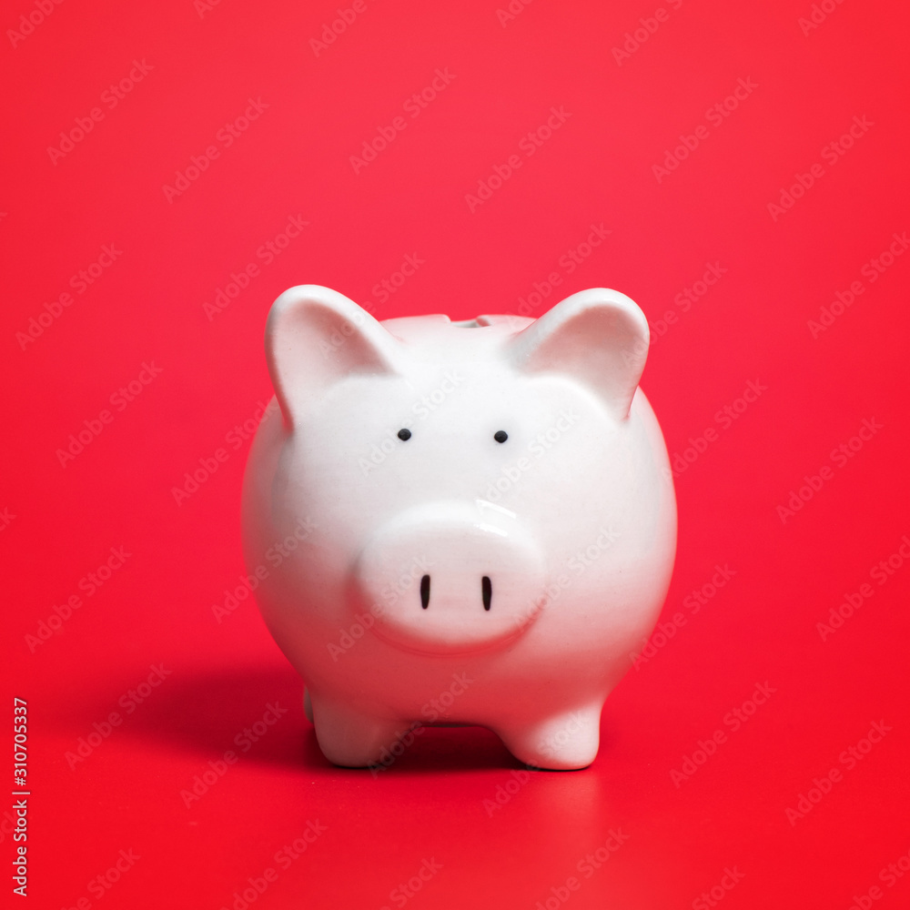 Composition with piggy bank isolated on red background. Composition with piggy bank isolated on red background.