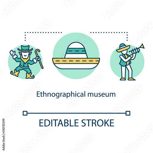 Ethnographical museum concept icon. People heritage exposition. Anthropology. Global history. Traditional festival idea thin line illustration. Vector isolated outline drawing. Editable stroke