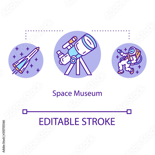 Space museum concept icon. Exploring universe. Spaceship, spacecraft. Cosmic technology. Astronomical exhibition idea thin line illustration. Vector isolated outline drawing. Editable stroke
