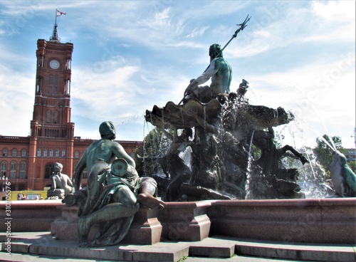 Berlin, Germany, Neptunbrunnen Fountain Monument or Neptune Fountain under Alexander Tower is a monument fo Neptune and the 4 women represent the 4 rivers of Prussia at that time