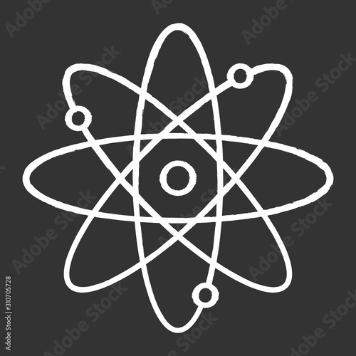 Molecule atom chalk icon. Nuclear energy source. Atom core with electrons orbits. Science symbol. Quantum physics. Model of particle. Organic chemistry. Isolated vector chalkboard illustrationс