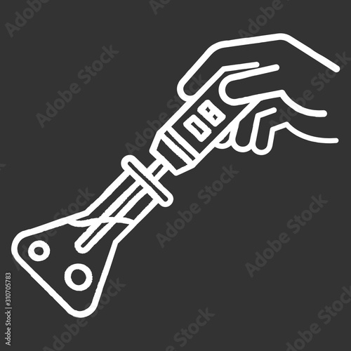 Testing reactives in lab flask chalk icon. Organic chemistry. Conducting experiment. Laboratory work. Interaction with chemicals. Scientific research, practice. Isolated vector chalkboard illustration