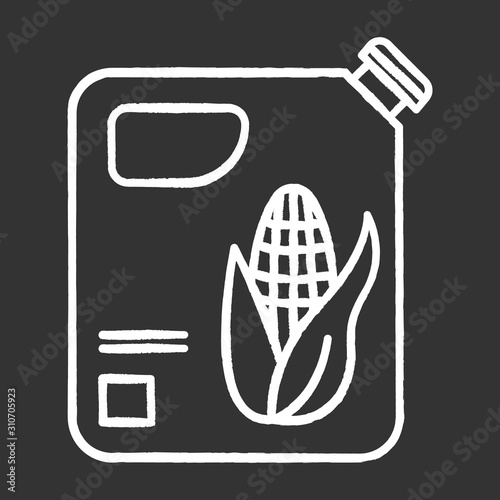 Plastic bottle of corn oil chalk icon. Organic chemistry. Vegetable oil production and distribution. Corn ethanol for biofuel. Gasoline substitute. Isolated vector chalkboard illustration