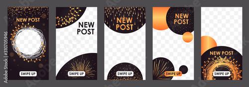 Set of editable templates for instagram stories. Dark banners with golden garlands. Luxury decoration. EPS 10 vector.  Modern commercial