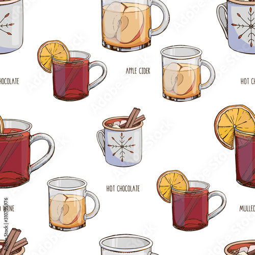 Vector seamless pattern with hot winter drinks isolated on white. Christmas print with beverages. Endless texture. Hot chocolate, mulled wine, apple cider. Menu decoration. Modern lettering