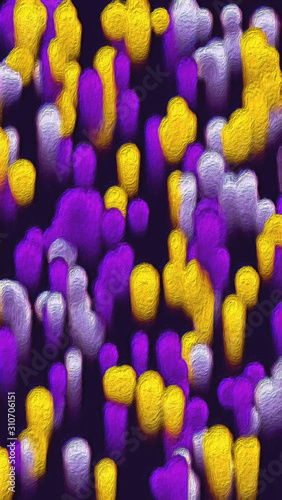 Cosmic bright background with abstract paint capsules. Pattern with white, gray, purple, yellow and violet colors. Print for phone case, pillow, package, textile/fabric, wrapping and gift paper.