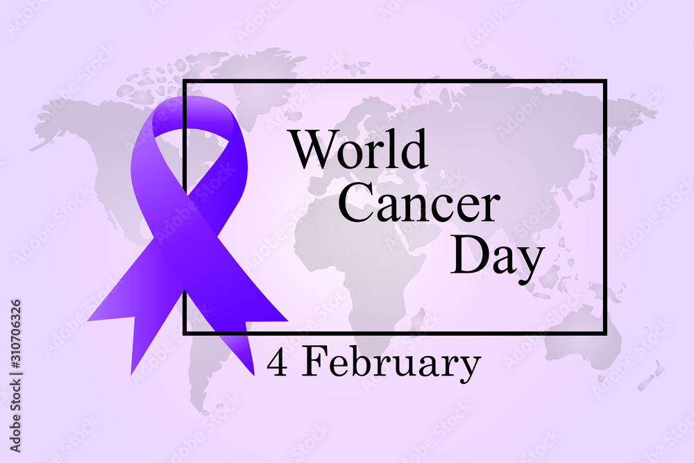 World Cancer Day on February 4th. Vector illustration with violet ribbon and world map background World Cancer Day on February 4th. Vector illustration with violet ribbon and world map background