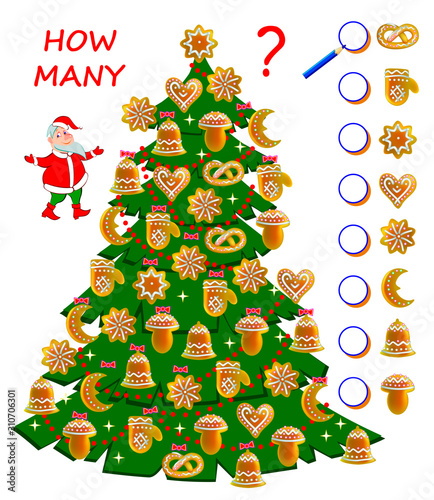 Math education for children. Count cakes quantity in Christmas tree. Write numbers in circles. Developing counting skills. Printable worksheet for kids book. Logic puzzle game. Vector cartoon image.