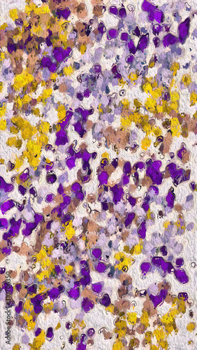 Bright background with abstract paint stains. Pattern with white, purple, beige, light pink, yellow and violet colors. Print for phone case, pillow, package, textile/fabric, wrapping and gift paper.