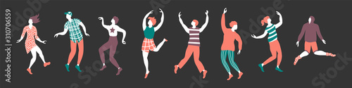 Horizontal banner with dancing people. Set of figures isolated on dark background. Vector illustration.