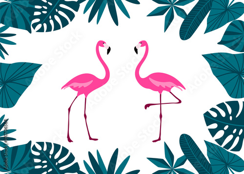 Pink Flamingo Couple with tropical leaves border. Cute exotic birds. Cartoon flat design.