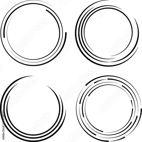Set of black abstract stripes in circle form. Geometric art. White background, Design element for border frame, logo, sign, symbol, prints, web pages, template, posters and monochrome pattern
