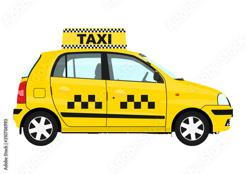 Side view of small yellow taxicab. Vector.