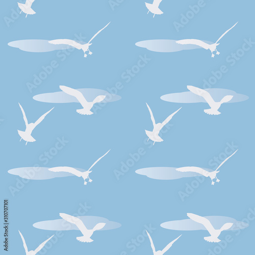 Flying seagulls. White silhouette of birds on a blue background. Vector seamless pattern.