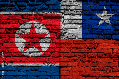 Flag of North Korea and Chile on brick wall