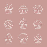 Cupcake Icons set - Vector outline symbols of sweet, dessert, muffin, cake and snack for the site or interface