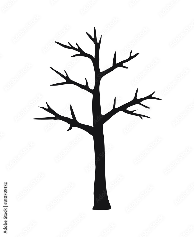 Vector black hand drawn doodle sketch naked tree silhouette isolated on white background