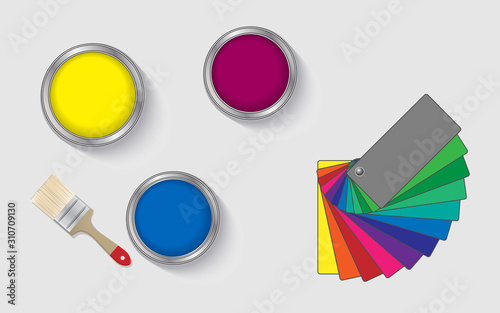Set of cans of paint, top view. Suggested color swatches.