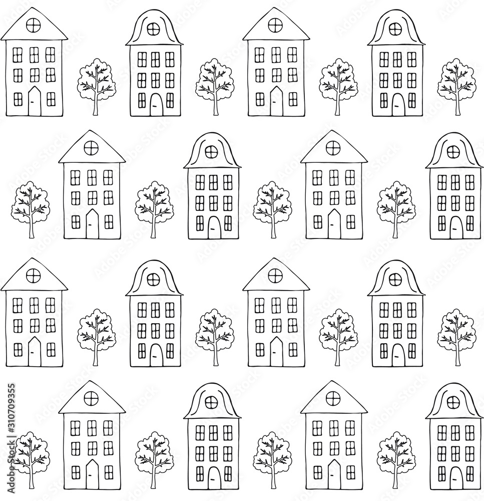 Vector seamless pattern of black hand drawn doodle sketch Scandinavian city house and trees  isolated on white background