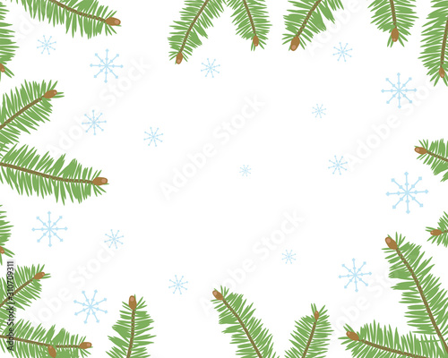 Vector illustration frame with a frame of green spruce branches and blue snowflakes isolated on a white background.