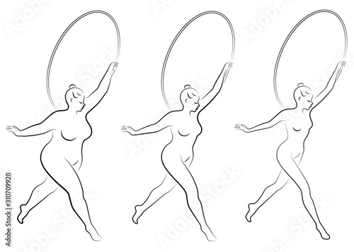 Collection. Silhouette of a cute lady, she is engaged in rhythmic gymnastics with a hoop. The woman is overweight and a slender girl athlete. Vector illustration set