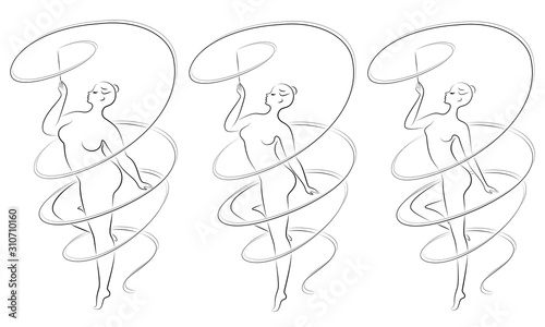 Collection. Silhouette of a cute lady, she is engaged in rhythmic gymnastics with a ribbon. The woman is overweight and slender girl athlete. Vector illustration set