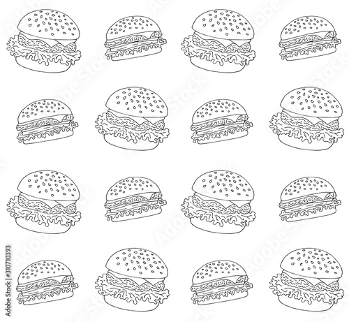 Vector seamless pattern of outline hand drawn doodle sketch burger isolated on white background