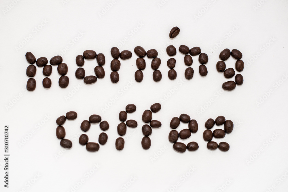 Words morning coffee created with coffee beans Words morning coffee created with coffee beans