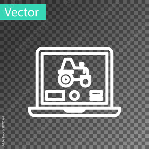 White line Laptop application for control a autonomous tractor on a smart farm icon isolated on transparent background. Smart agriculture implement. Vector Illustration