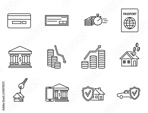 Bank, mobile bank, finance, insurance, quick loans, payment line icon set .