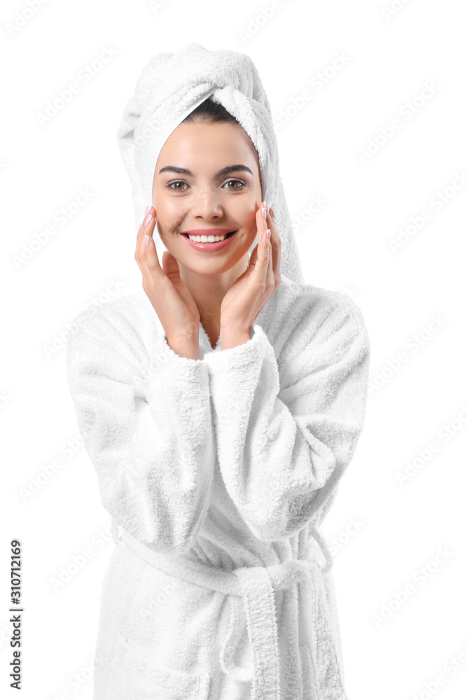Beautiful young woman after shower on white background Beautiful young woman after shower on white background