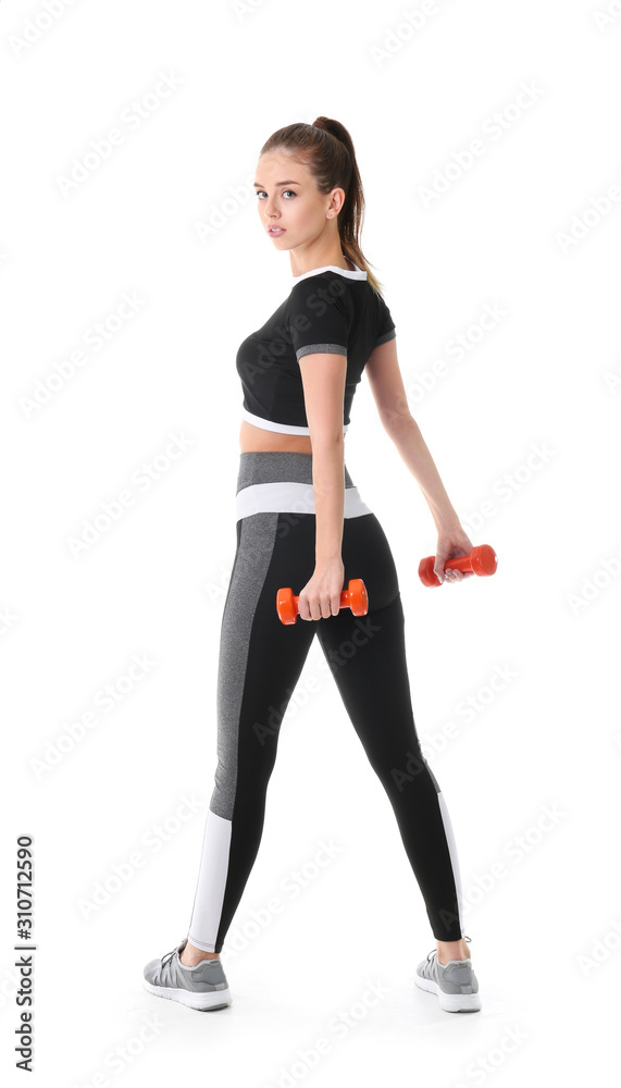 Sporty young woman with dumbbells against white background Sporty young woman with dumbbells against white background