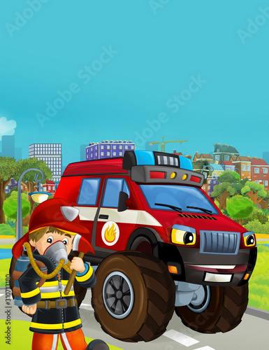 cartoon scene with fireman vehicle on the road - illustration for children