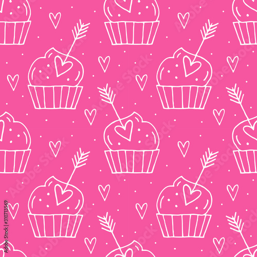 Muffins with hearts vector doodle seamless pattern  background. Hand drawn St. Valentine s Day pattern. 
