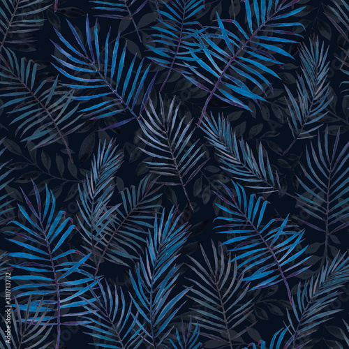 stock illustration. seamless pattern. Tropical palm leaves on a dark background. color classic blue color of the year 2020. print for fabric, textile, wallpaper