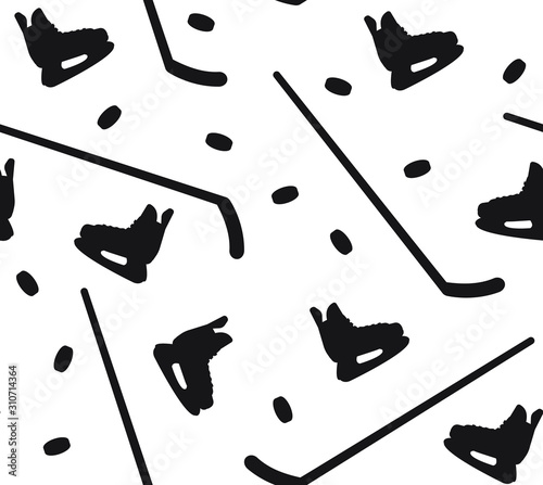 Vector seamless pattern of black flat hockey ice skates and sticks silhouette isolated on white background