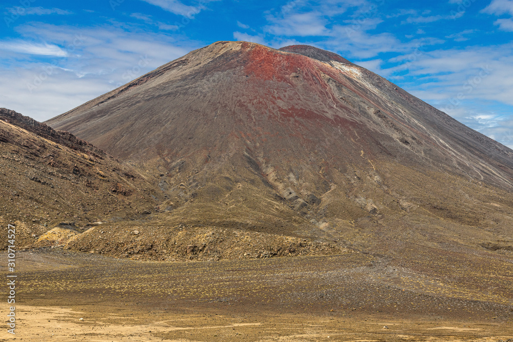 Panoramic picture of Mount Ngauruhoe in the Tongariro National Park on northern island of New Zealand in summer