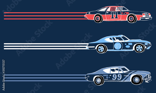 Hand drawn retro racing cars. Moving sport cars. Grand Prix background. Side View. The 1970's