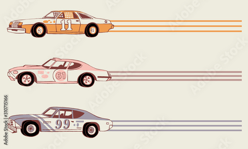 Hand drawn retro racing cars. Moving sport cars. Grand Prix background. Side View. The 1970's